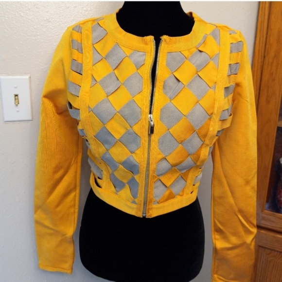 WoW Couture Zip Front Checkered Cropped Side Cutout Jacket Top 90s Y2K Clubwear - Picture 2 of 9